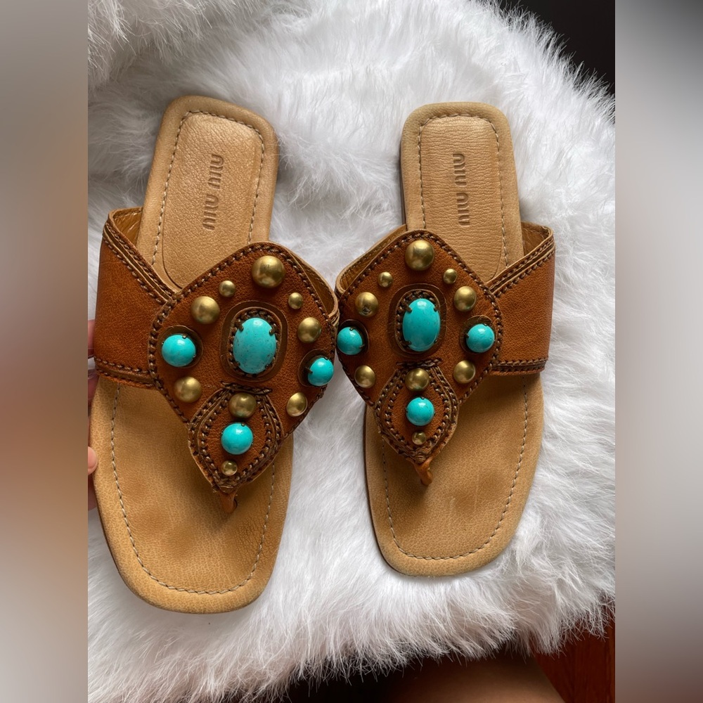 Miu Miu Tan and Turquoise Embellished Sandals